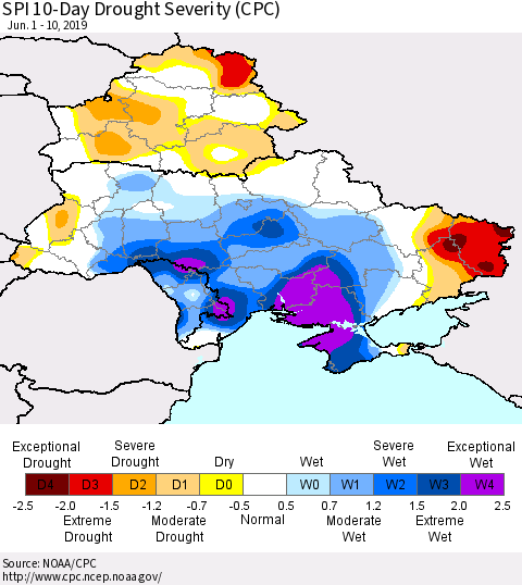 Ukraine, Moldova and Belarus SPI 10-Day Drought Severity (CPC) Thematic Map For 6/1/2019 - 6/10/2019