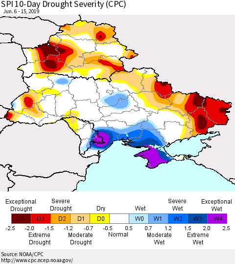 Ukraine, Moldova and Belarus SPI 10-Day Drought Severity (CPC) Thematic Map For 6/6/2019 - 6/15/2019
