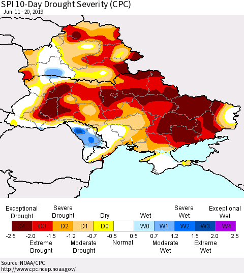 Ukraine, Moldova and Belarus SPI 10-Day Drought Severity (CPC) Thematic Map For 6/11/2019 - 6/20/2019