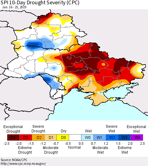 Ukraine, Moldova and Belarus SPI 10-Day Drought Severity (CPC) Thematic Map For 6/16/2019 - 6/25/2019