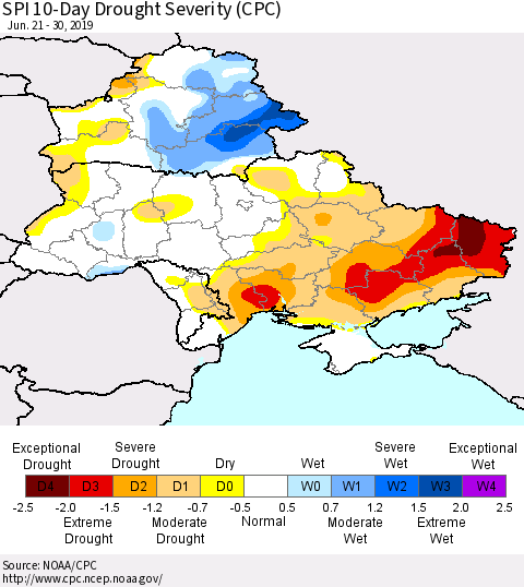 Ukraine, Moldova and Belarus SPI 10-Day Drought Severity (CPC) Thematic Map For 6/21/2019 - 6/30/2019