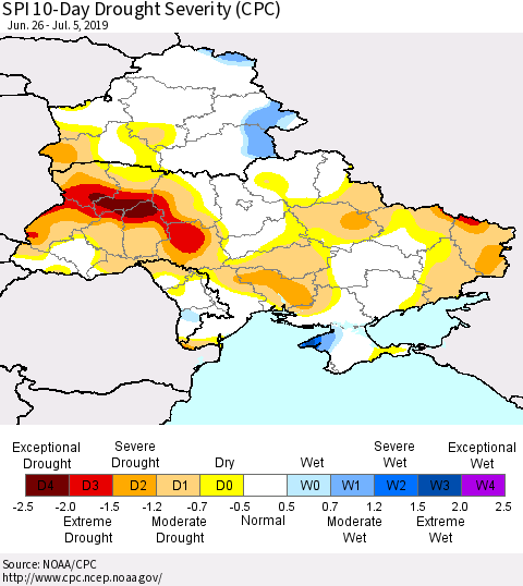 Ukraine, Moldova and Belarus SPI 10-Day Drought Severity (CPC) Thematic Map For 6/26/2019 - 7/5/2019