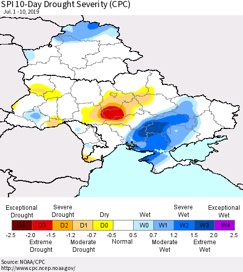 Ukraine, Moldova and Belarus SPI 10-Day Drought Severity (CPC) Thematic Map For 7/1/2019 - 7/10/2019