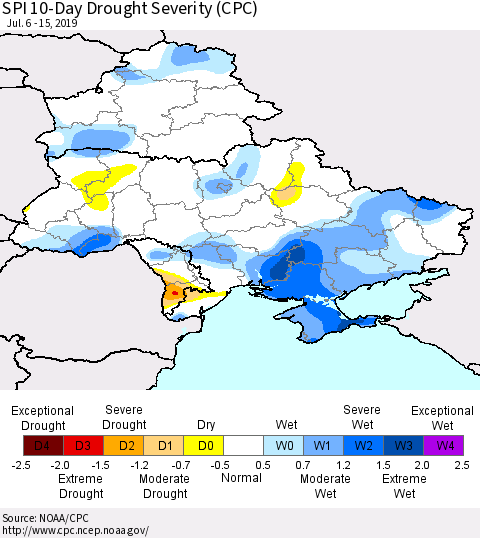 Ukraine, Moldova and Belarus SPI 10-Day Drought Severity (CPC) Thematic Map For 7/6/2019 - 7/15/2019