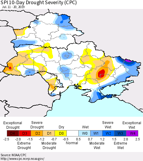 Ukraine, Moldova and Belarus SPI 10-Day Drought Severity (CPC) Thematic Map For 7/11/2019 - 7/20/2019