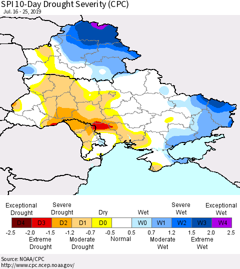Ukraine, Moldova and Belarus SPI 10-Day Drought Severity (CPC) Thematic Map For 7/16/2019 - 7/25/2019