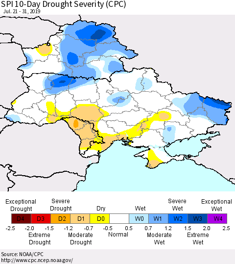 Ukraine, Moldova and Belarus SPI 10-Day Drought Severity (CPC) Thematic Map For 7/21/2019 - 7/31/2019