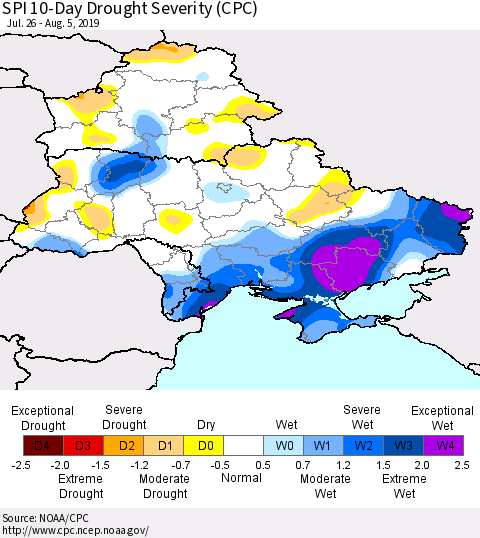 Ukraine, Moldova and Belarus SPI 10-Day Drought Severity (CPC) Thematic Map For 7/26/2019 - 8/5/2019