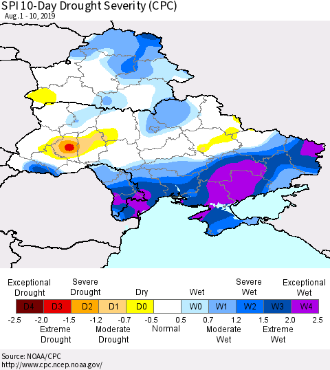 Ukraine, Moldova and Belarus SPI 10-Day Drought Severity (CPC) Thematic Map For 8/1/2019 - 8/10/2019