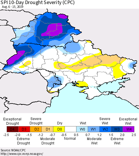 Ukraine, Moldova and Belarus SPI 10-Day Drought Severity (CPC) Thematic Map For 8/6/2019 - 8/15/2019
