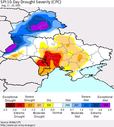 Ukraine, Moldova and Belarus SPI 10-Day Drought Severity (CPC) Thematic Map For 8/11/2019 - 8/20/2019