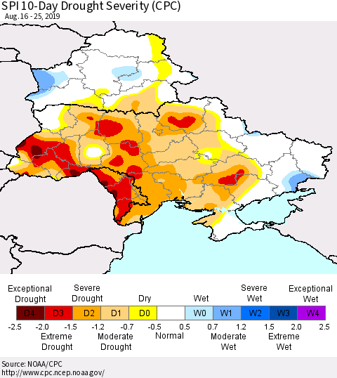 Ukraine, Moldova and Belarus SPI 10-Day Drought Severity (CPC) Thematic Map For 8/16/2019 - 8/25/2019