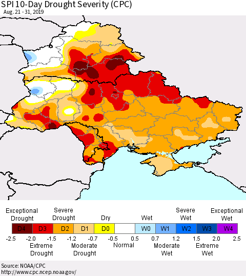 Ukraine, Moldova and Belarus SPI 10-Day Drought Severity (CPC) Thematic Map For 8/21/2019 - 8/31/2019