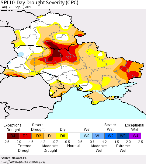 Ukraine, Moldova and Belarus SPI 10-Day Drought Severity (CPC) Thematic Map For 8/26/2019 - 9/5/2019