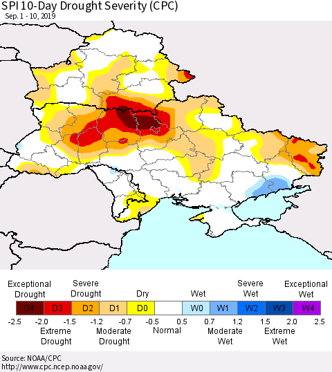Ukraine, Moldova and Belarus SPI 10-Day Drought Severity (CPC) Thematic Map For 9/1/2019 - 9/10/2019