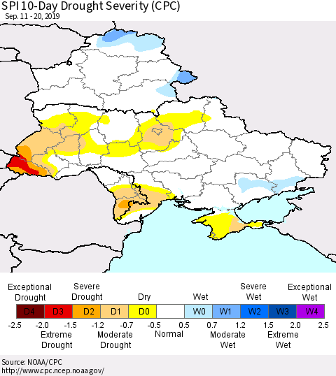 Ukraine, Moldova and Belarus SPI 10-Day Drought Severity (CPC) Thematic Map For 9/11/2019 - 9/20/2019
