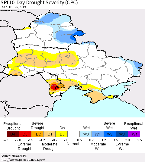 Ukraine, Moldova and Belarus SPI 10-Day Drought Severity (CPC) Thematic Map For 9/16/2019 - 9/25/2019