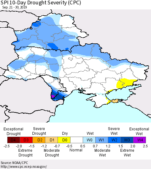 Ukraine, Moldova and Belarus SPI 10-Day Drought Severity (CPC) Thematic Map For 9/21/2019 - 9/30/2019