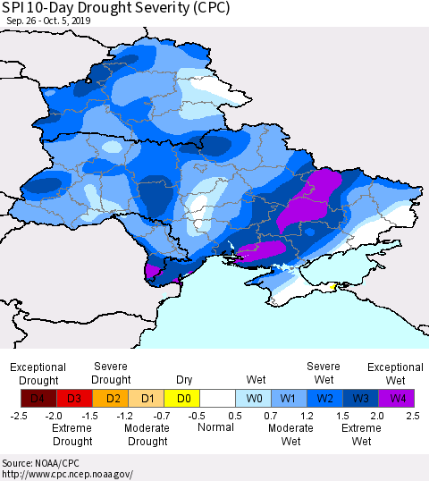 Ukraine, Moldova and Belarus SPI 10-Day Drought Severity (CPC) Thematic Map For 9/26/2019 - 10/5/2019