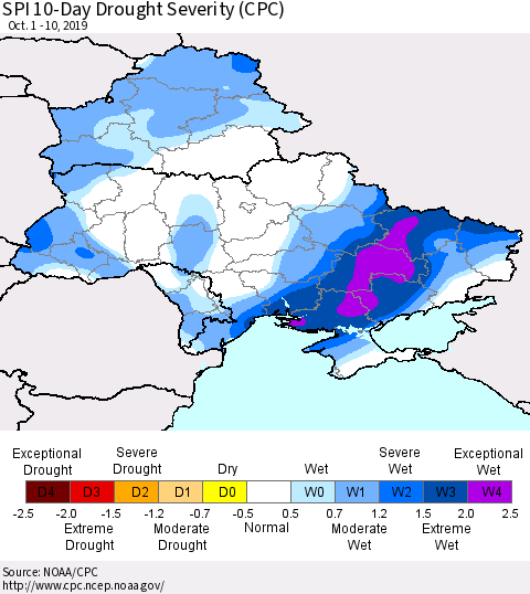 Ukraine, Moldova and Belarus SPI 10-Day Drought Severity (CPC) Thematic Map For 10/1/2019 - 10/10/2019