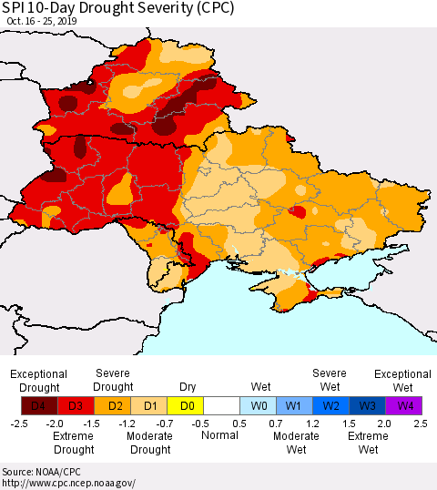 Ukraine, Moldova and Belarus SPI 10-Day Drought Severity (CPC) Thematic Map For 10/16/2019 - 10/25/2019