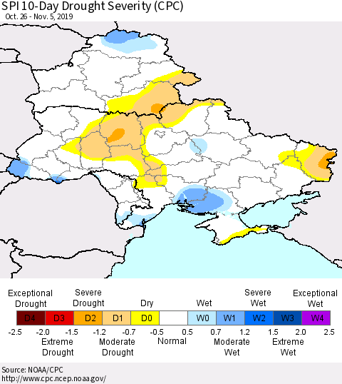 Ukraine, Moldova and Belarus SPI 10-Day Drought Severity (CPC) Thematic Map For 10/26/2019 - 11/5/2019