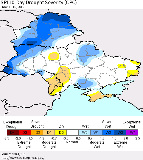 Ukraine, Moldova and Belarus SPI 10-Day Drought Severity (CPC) Thematic Map For 11/1/2019 - 11/10/2019