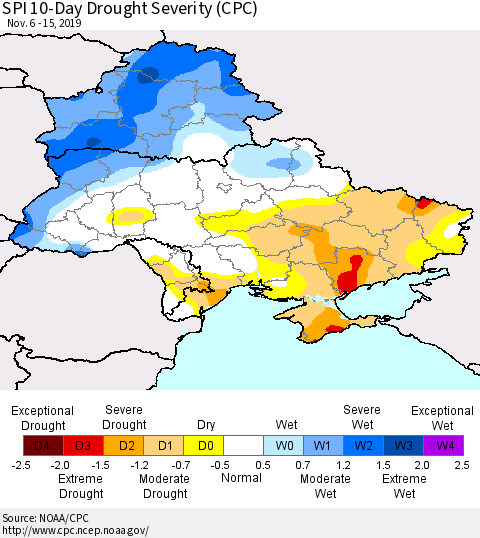 Ukraine, Moldova and Belarus SPI 10-Day Drought Severity (CPC) Thematic Map For 11/6/2019 - 11/15/2019