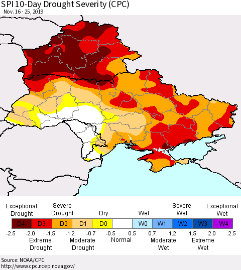 Ukraine, Moldova and Belarus SPI 10-Day Drought Severity (CPC) Thematic Map For 11/16/2019 - 11/25/2019