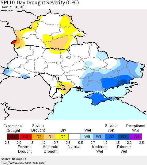 Ukraine, Moldova and Belarus SPI 10-Day Drought Severity (CPC) Thematic Map For 11/21/2019 - 11/30/2019