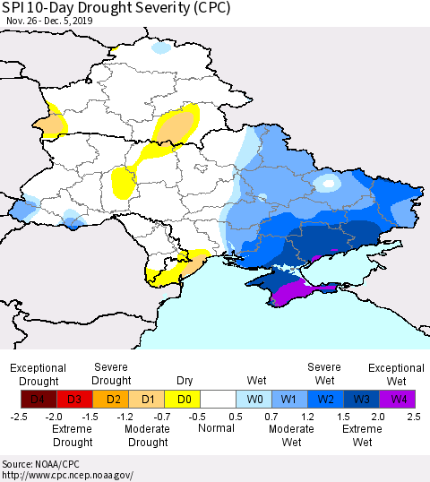 Ukraine, Moldova and Belarus SPI 10-Day Drought Severity (CPC) Thematic Map For 11/26/2019 - 12/5/2019