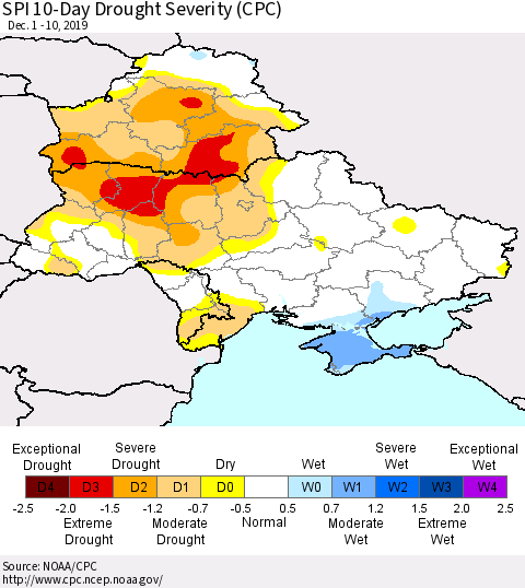 Ukraine, Moldova and Belarus SPI 10-Day Drought Severity (CPC) Thematic Map For 12/1/2019 - 12/10/2019