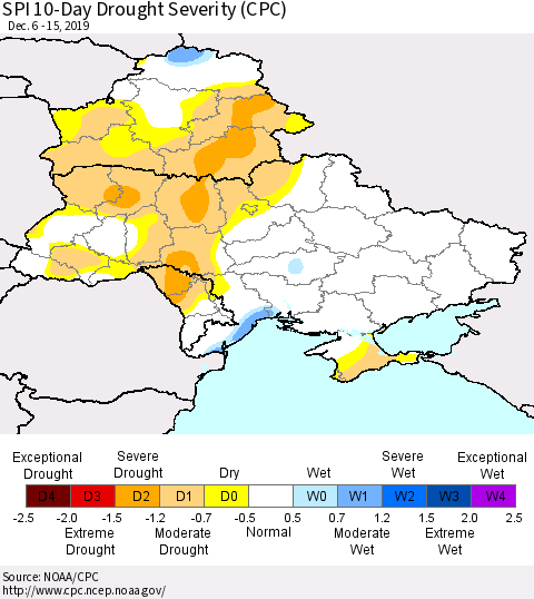 Ukraine, Moldova and Belarus SPI 10-Day Drought Severity (CPC) Thematic Map For 12/6/2019 - 12/15/2019