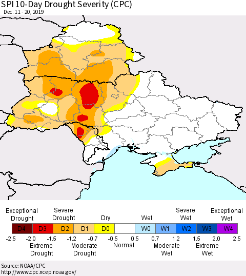 Ukraine, Moldova and Belarus SPI 10-Day Drought Severity (CPC) Thematic Map For 12/11/2019 - 12/20/2019