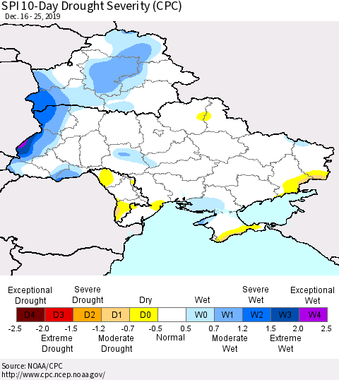 Ukraine, Moldova and Belarus SPI 10-Day Drought Severity (CPC) Thematic Map For 12/16/2019 - 12/25/2019