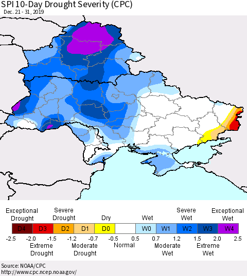 Ukraine, Moldova and Belarus SPI 10-Day Drought Severity (CPC) Thematic Map For 12/21/2019 - 12/31/2019