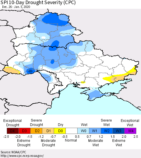 Ukraine, Moldova and Belarus SPI 10-Day Drought Severity (CPC) Thematic Map For 12/26/2019 - 1/5/2020