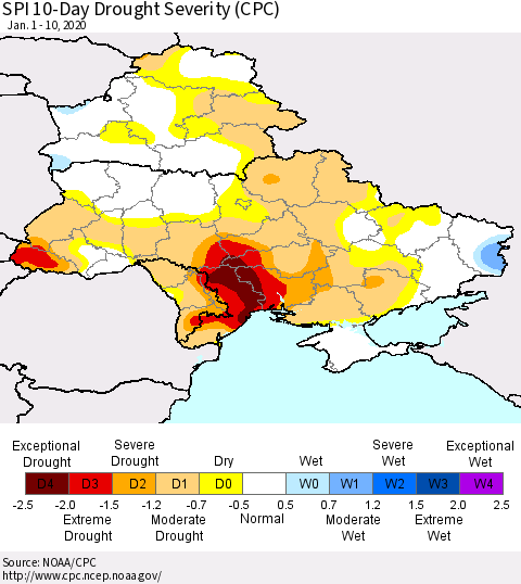 Ukraine, Moldova and Belarus SPI 10-Day Drought Severity (CPC) Thematic Map For 1/1/2020 - 1/10/2020
