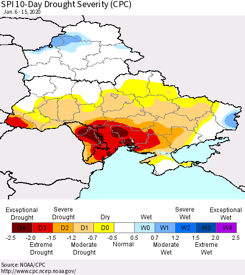 Ukraine, Moldova and Belarus SPI 10-Day Drought Severity (CPC) Thematic Map For 1/6/2020 - 1/15/2020