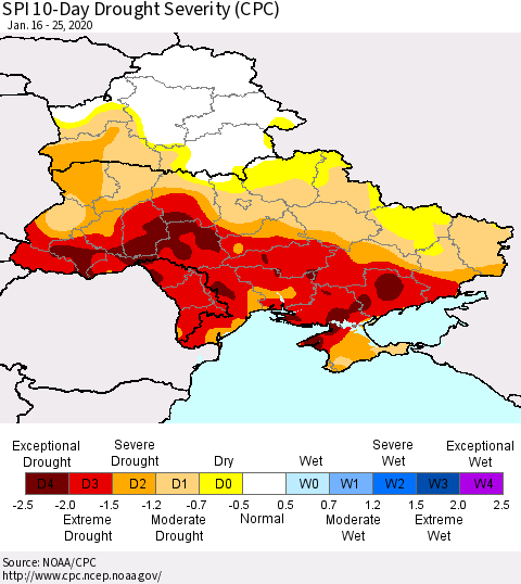 Ukraine, Moldova and Belarus SPI 10-Day Drought Severity (CPC) Thematic Map For 1/16/2020 - 1/25/2020