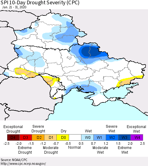 Ukraine, Moldova and Belarus SPI 10-Day Drought Severity (CPC) Thematic Map For 1/21/2020 - 1/31/2020