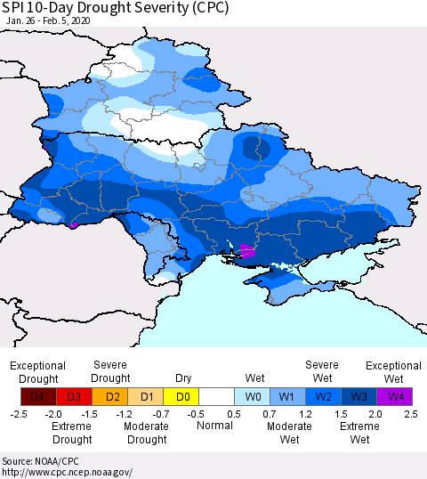 Ukraine, Moldova and Belarus SPI 10-Day Drought Severity (CPC) Thematic Map For 1/26/2020 - 2/5/2020