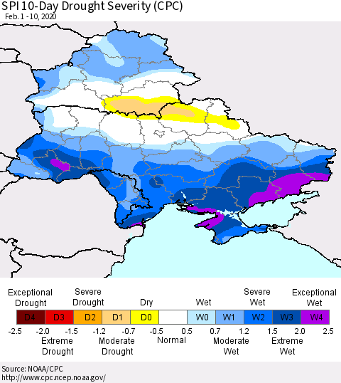 Ukraine, Moldova and Belarus SPI 10-Day Drought Severity (CPC) Thematic Map For 2/1/2020 - 2/10/2020