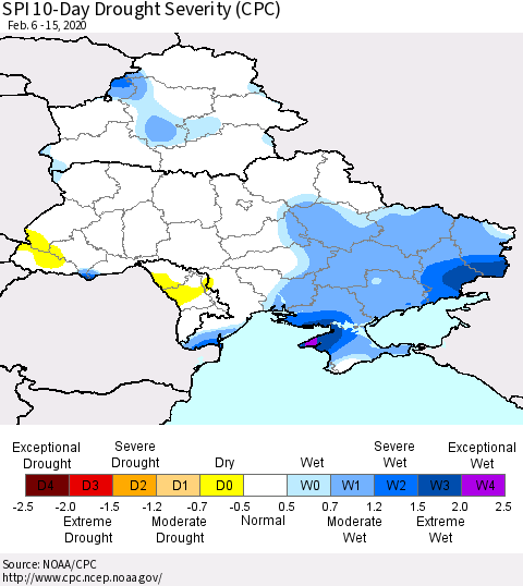 Ukraine, Moldova and Belarus SPI 10-Day Drought Severity (CPC) Thematic Map For 2/6/2020 - 2/15/2020
