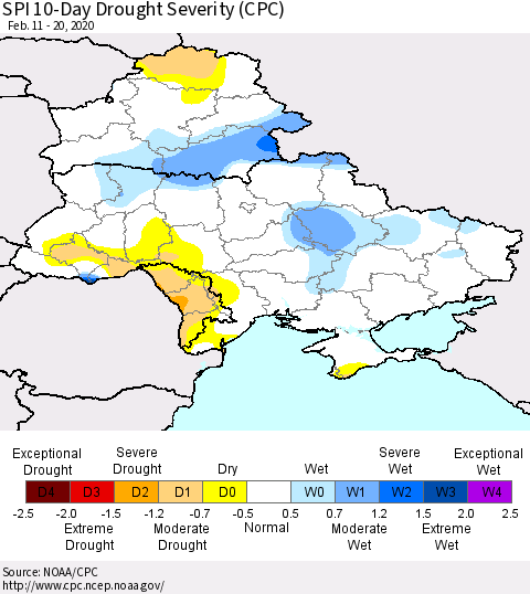 Ukraine, Moldova and Belarus SPI 10-Day Drought Severity (CPC) Thematic Map For 2/11/2020 - 2/20/2020