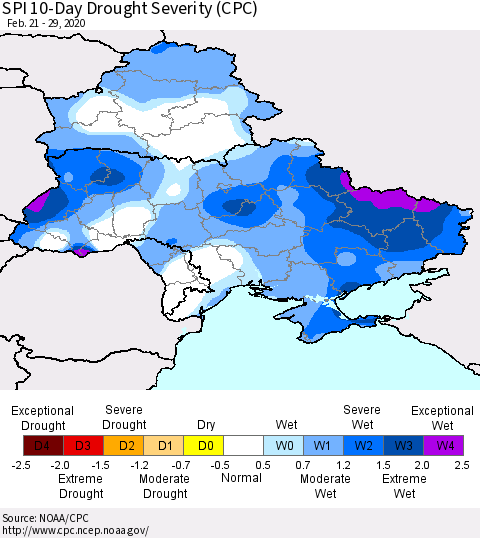 Ukraine, Moldova and Belarus SPI 10-Day Drought Severity (CPC) Thematic Map For 2/21/2020 - 2/29/2020