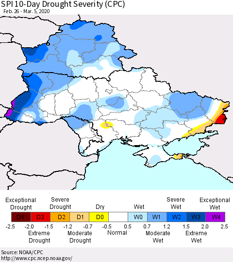 Ukraine, Moldova and Belarus SPI 10-Day Drought Severity (CPC) Thematic Map For 2/26/2020 - 3/5/2020