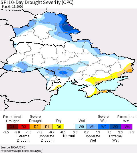 Ukraine, Moldova and Belarus SPI 10-Day Drought Severity (CPC) Thematic Map For 3/6/2020 - 3/15/2020