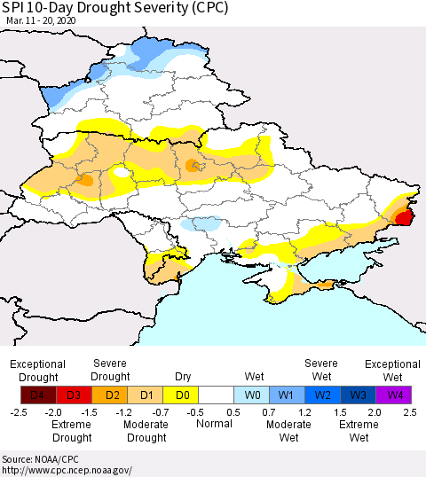 Ukraine, Moldova and Belarus SPI 10-Day Drought Severity (CPC) Thematic Map For 3/11/2020 - 3/20/2020