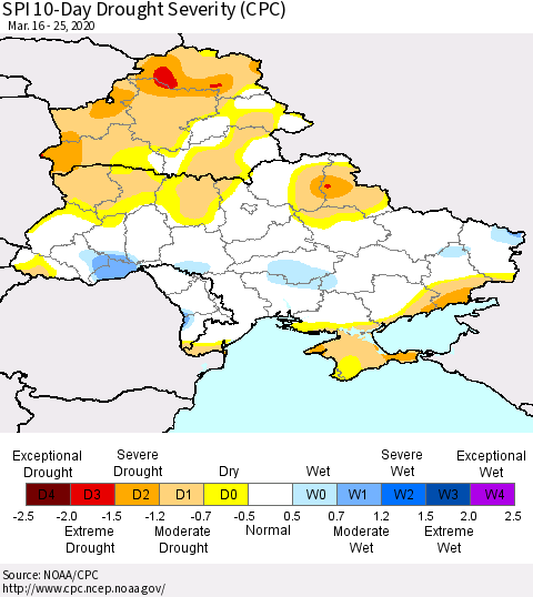 Ukraine, Moldova and Belarus SPI 10-Day Drought Severity (CPC) Thematic Map For 3/16/2020 - 3/25/2020